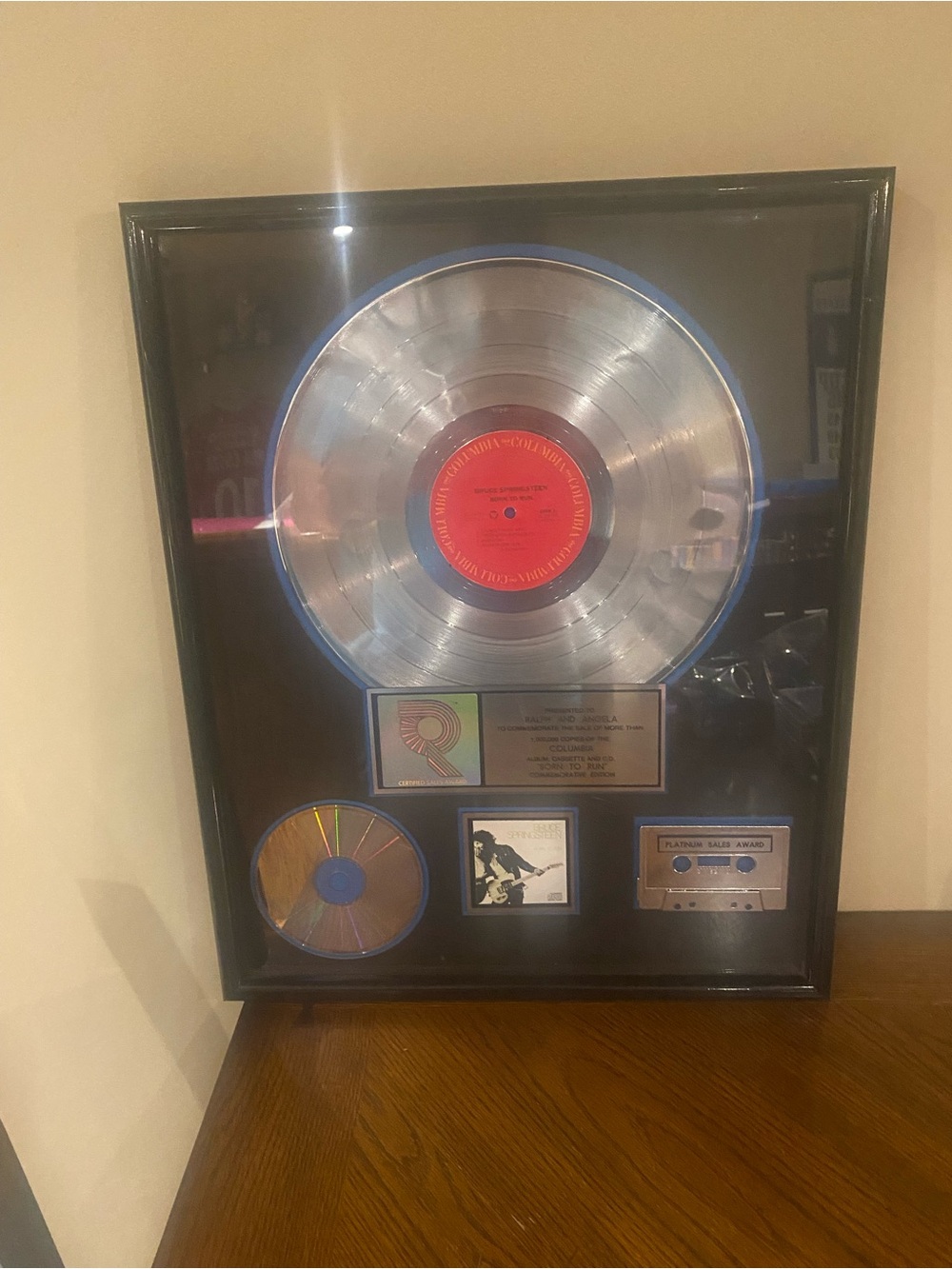 Rare RIAA PLATINUM BRUCE SPRINGSTEEN Born To Run Framed Record Sales Award